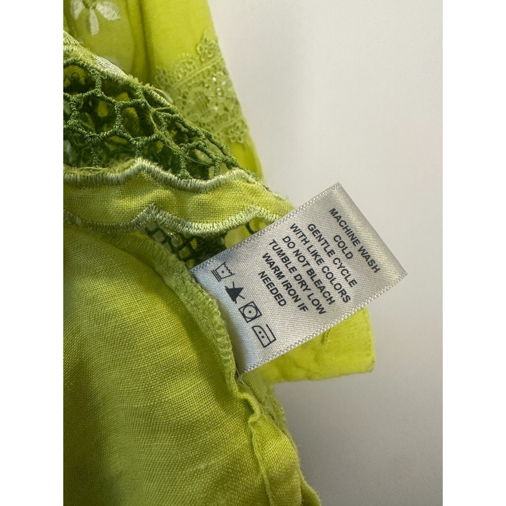 John Mark 100% Linen Embroidered Crochet Lace Blouse Womens Lime Green Medium - Picture 9 of 12